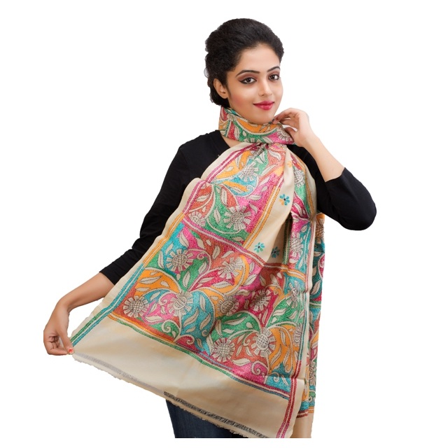 Tassar Silk offwhite Kantha Stole